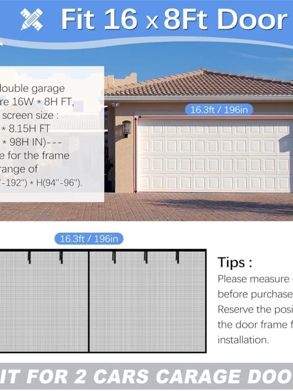 Garage Door Screen For 2 Stall Garage 16x8 Magnetic Mesh Screen Enclosure/Door